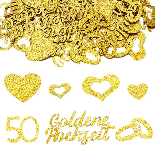 Whimzey Doppelseitige Glitzer Goldene Hochzeit Deko Konfetti Groß, 100 Stück Ring Herz Deko Goldene Hochzeit 50 Jahre Geschenk, Tischdeko Goldenen Hochzeite Streudeko, Gold Herzen Hochzeitsdeko Tisch