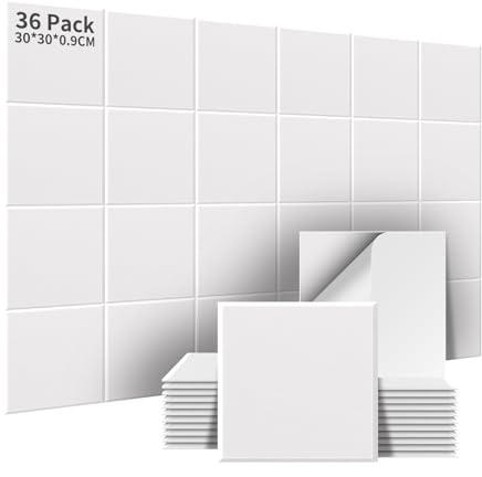 AsmeSonic 36 Pièces 3,24㎡ Panneaux Acoustiques Autocollants Blanc | Panneaux Acoustiques Absorbants Haute Densité Traitement Acoustique et Décoration Murale pour Studio d'Enregistrement 30x30cm
