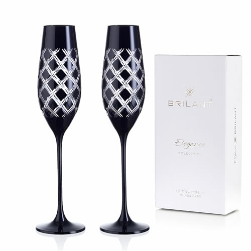 Brilant Ghost Champagnergläser - Sektgläser in Limitierte Edition, Moderne Champagner Gläser Set mit Spezielle Schwarze Lackierung & Diamantgitter-Muster, Handgefertigt in der EU - 2er-Set, 210ml