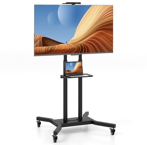 GOPLUS Carro para TV Móvil con Ruedas, Soporte de TV de Piso Ajustable en Altura con Estante para Cámara, Estante para Portátil, Mueble para TV con Ruedas Portátil, 600 X 400 mm, Negro
