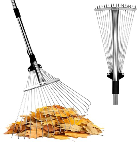 Rastrillo para hojas con mango de 175 cm, escoba de hojas de 18 dientes con cabezal ajustable (20 – 45 cm), ideal para grandes superficies y limpieza más fina bajo setos, ligera y resistente, para