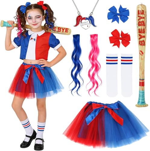 Costume di Carnevale per Bambine, Gonna in Tulle Blu Rosso con Fiocco per Capelli, Collana, Calzini, Parrucche, Mazza da Baseball, Costume da Clown Accessori per Carnevale Halloween Festa in Maschera