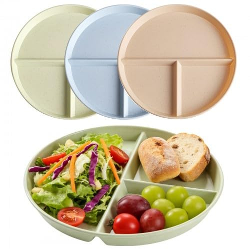 Rylae 3 Piezas Plato Dieta de Plastico Divididos Redondo, Plato Llano Dividido, Platos Llanos Reutilizable con 3 Compartimentos, Control de Porciones Irrompibles, Apto para Microondas y Lavavajillas