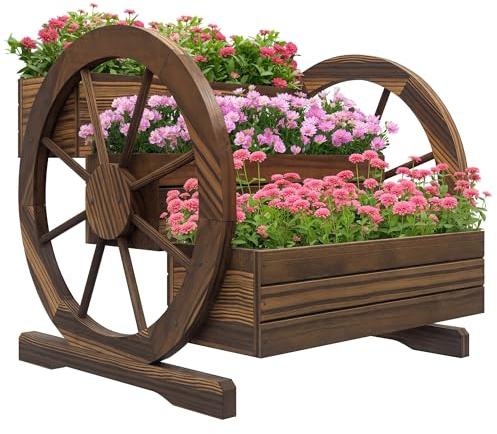 Outsunny Jardinera de Madera Macetero Exterior de 3 Niveles Diseño de Escalera y Forma de Ruedas Orificios de Drenaje Huerto Urbano Cultivos Plantas Flores en Terraza Jardín 61x62x57 cm Carbonizado