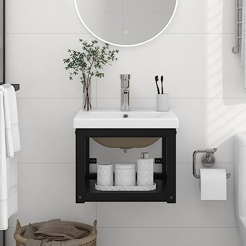 Contemporary Washbasin Frame with Built-in Basin in Black and White, Space-Saving Wall-Mounted Design for Modern Bathroom, Durable Powder-Coated Iron Construction