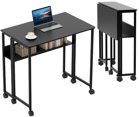 RBFGYIOP Scrivania pieghevole salvaspazio con ruote – Tavolo compatto con ripiano portaoggetti – Facile da montare, ideale per camera, studio o ufficio – 63cm – Colore nero