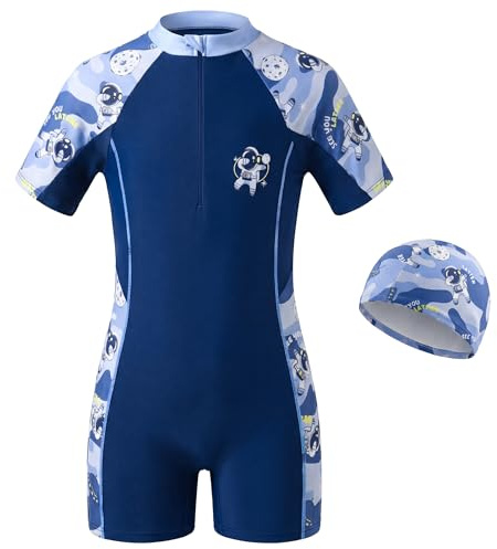 Tokeya Ninos Bañador de Una Pieza Manga Corta con Gorro 9-10 Años, Azul