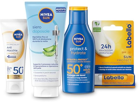 NIVEA SUN Cofanetto con Crema Solare Protect & Hydrate SPF 50+ 100 ml, Crema solare viso 50+ Luminous630 40 ml, Siero Doposole 100 ml e Labello Sun Burrocacao 4.8 g – Kit Esclusiva Amazon