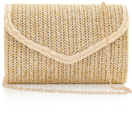 Toptime Clutch Bags for Women, Envelope Straw Clutch Bag with Detachable Chain, Stylish Small Cross Body Bag with Natural Handmade Woven, Beige Summer Straw Handbag for Holiday Party Wedding Prom
