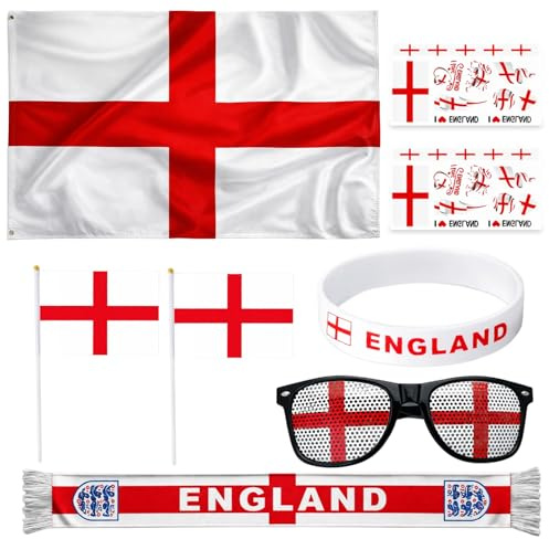 GxouQcn England Flag, England World Cup, 8 Piece Set Decorations and England Football Flags, Includes Large Flag, Bunting, Scarf and Accessories for Patriotic Events and Sports Bars