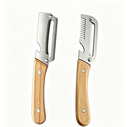 GLAITC 2Pcs Multifunctional Peeler Stainless Steel Vegetable Peeler with Wood Handle 3-in-1 Peeler with Julienne Cutter & Bottle Opener Kitchen Quick Peeling Practical Tool for Potato Fruit Vegetable