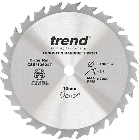 Trend Wood Cordless Circular Saw Blade, 136mm Diameter, 10mm Bore, 24 Teeth, 1.5mm Kerf, +15° Hook, TCT, Medium Finish, CSB/13624T | Ideal For Clean, Medium-Finish Cuts In Wood, With 24 Teeth, 1.5mm Kerf, 10mm Bore And +15° Hook Angle, CSB/13624T