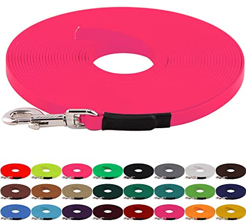 LENNIE BioThane Schleppleine, 13mm, Hunde 15-25kg, 20m lang, ohne Handschlaufe, Neon-Pink, genäht