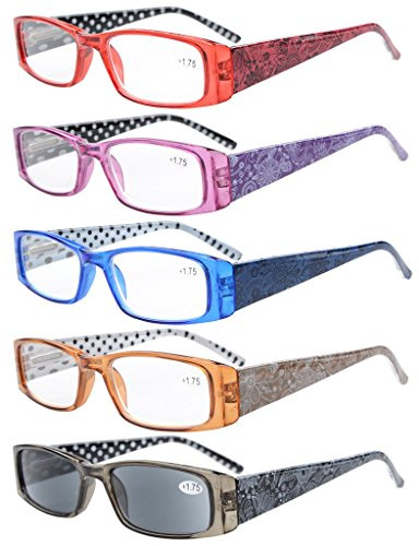 Eyekepper 5 Paia Occhiali da Lettura Aste Reticolo di Fiore per Donne Lettori in Plastica Include uno Lenti Grigio per Sole Colore Misti Diottria 2.00