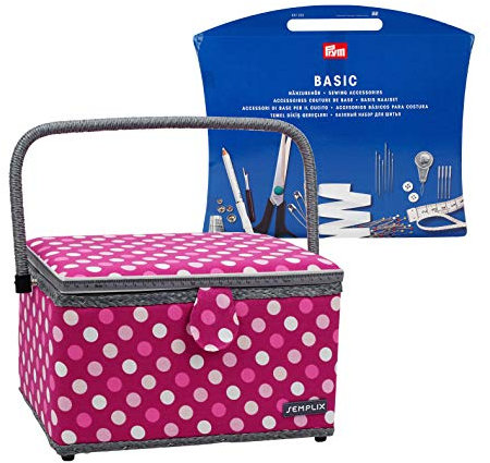 Semplix Nähkorb Größe L gefüllt (30x22x19cm) - kompatibel mit Prym NähzubehörSet/Nähsortiment (im Lieferumfang enthalten) - Polka Dots beere-rosa
