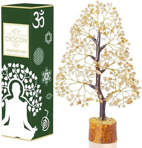 Crocon Citrine Gemstone Money Tree | Feng Shui Bonsai | Mystical | Chakra Balancing | Reiki Crystal Healing | Ornament Figurine | Good Luck | Spiritual | Home Decor Size: 10-12 Inch