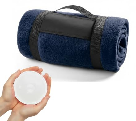 Manta Polar Suave de Sofá y Viaje de 130x160 cm + Calentador Manos - Azul | Colcha Térmica Antipilling con Asa de Transporte - Manta Gruesa para Invierno Ideal Exterior e Interior
