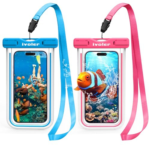 ivoler [IPX8 Certificado [2 Unidades] Funda Bolsa Móvil Impermeable Universal para Xiaomi, iPhone, Samsung Galaxy, Huawei, Smartphones, Monedas, Pasaporte, etc. (Azul+Rosa)