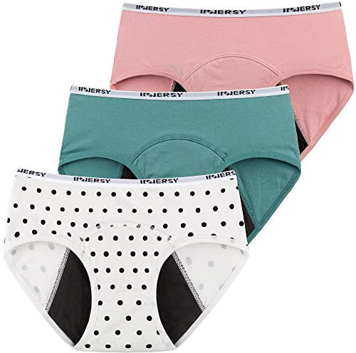 INNERSY Period Pants for Teenage Girls Cotton Leak Proof Menstrual Underwear Pack of 3 (14-16 Years, Dots/Lake Green/Pink)