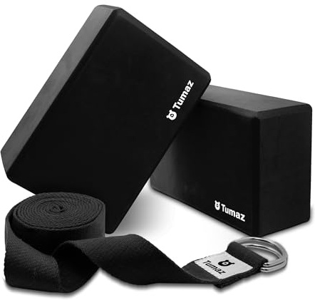 Tumaz Set di 2 blocchi da yoga con cinghia da yoga di alta qualità, mattoncini da yoga ad alta densità per migliorare la flessibilità della colonna vertebrale per yoga e pilates, peso leggero,