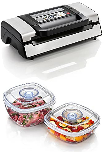 Laica VT3120 Macchina Sottovuoto per Alimenti, Automatica, Doppia Pompa, Acciaio, 20L/min, Larghezza massima sacchetti 30 cm 20.6x40x12cm + Set da 2 Alimenti sottovuoto da 1L e 2L