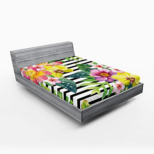 Ambesonne Floral Fitted Sheet, Bouquet with Lily Dahlia Palm Begonia Leaves Orchid Flowers on a Striped Background, Bed Cover with All-Round Elastic Pocket for Comfort, California King, Pink Green