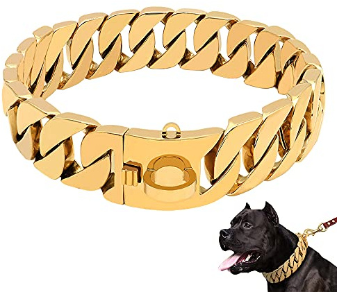 LINGYUN Goldkette Hundehalsband Hochleistungs-Choke Kubanische Hundekette für Große Hunde, 30 Mm Breite, Hundehalsband, Starke Stahlmetallglieder für Große Rassen,Gold,45CM/17.5in