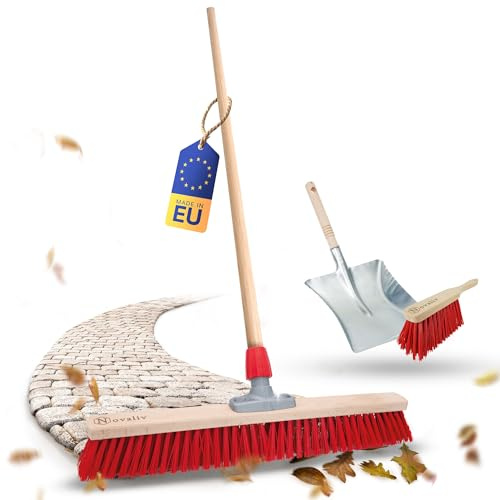 Novaliv Straßenbesen 80 cm Holzstiel Set I Besen Kehrschaufel und Handfeger I Elaston rot I mit Gewinde I Industriebesen Gartenbesen mit Stiel Schneebesen Allzweckbesen