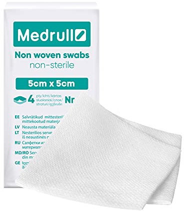 Medrull Kompressen 5 x 5 cm nicht gewebt Unsteril 100 Stück - 4-lagig nicht haftend Saugkompressen, Verbandsmaterial, Wundkompressen Ideal für Erste Hilfe & Pflege