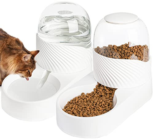 Hacaroa 2 Pack Automatic Cat Feeder and Water Dispenser, 2 L Gravity Pet Food Feeder and Waterer Set, Self Feeding Dog Bowl for Small Pets, Puppy, Kitten, 100% BPA-Free, Easily Clean, White
