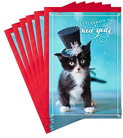 Hallmark Pack of Happy New Years Cards, Cat in Top Hat (6 Holiday Cards with Envelopes)