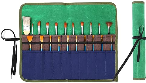 Kaaltisy Paint Brush Roll Up Case, Heavy Duty 16oz Waxed Canvas Paintbrush Holder, 20 Pockets & Tie Rope Pencil Storage Roll for Artist - 17 W x 13 L - Green