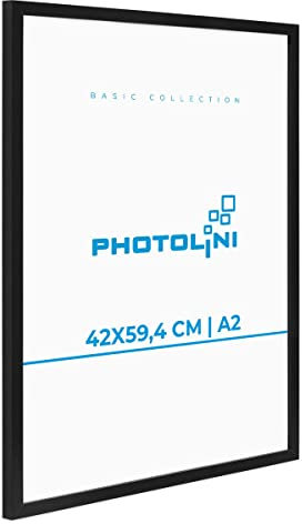 PHOTOLINI Bilderrahmen A2 Schwarz Holz MDF, Picture Frame Rahmen 42x59,4 mit bruchsicherem Acrylglas, DIN A2 Bilderrahmen schwarz 42x60 zum Aufhängen, mit Zubehör - A 2 Frames für Fotos & Poster