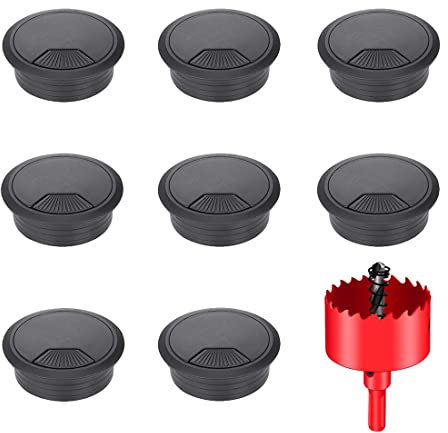 DuDuZui 8 pièces œillets de Bureau Bureau, Passe-câble de Bureau 60 mm Passe-câble de Bureau, Solution Idéale pour le Bureau et la Maison Câble de Table, avec Scie Cloche(Noir, 60mm)