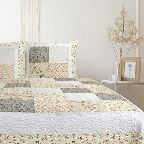 Autrefois Mimosa Lin Boutis Patchwork 230x250 cm avec 2 Taies d'oreiller 65x65 cm, Couvre-lit Matelassé 2 Personnes, Dessus de lit Fleurs