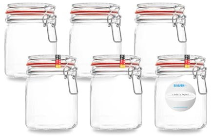 Flaschenbauer - 6-teiliges Set Drahtbügel-Vorratsgläser 900ml, geeignet als Einmach- und Fermentierglas, zur Aufbewahrung, zum Befüllen, inklusive Etiketten, Gläser mit Drahtbügel - Made in Germany