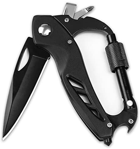 BEEK Klappmesser mit Karabiner, Camping Zubehör, EDC Multitool Werkzeug, Geschenke für Männer, Schlüsselanhänger Messer, Outdoor Messer, Gurtschneider, Taschenmesser