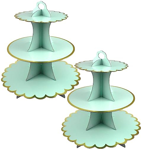 CHUANGOU 2 PCS Alzata Torta，3 Livelli Alzata Cupcake in Cartone，Adatto per La Festa di Matrimonio, Compleanno, Baby Shower, Torta, Torta da Dessert（Verde）.