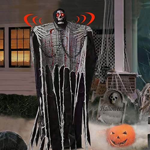 Decoracion Halloween Terror, Fantasma Colgante Halloween, 180 CM Fantasma Decoraciones Halloween con Luces Y Sonidos, Calavera Colgante Fantasma Animado Decoración Halloween Casa Embrujada Fiesta