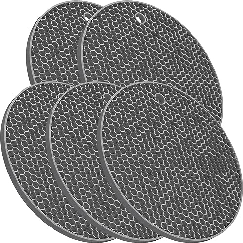 Ultra Thick 8mm Silicone Trivets for Hot Dishes Pots and Pans, Silicone Trivet Mat Hot Plates to Protect Table, Silicone Hot Pads for Kitchen Counter, Pot Holders, Grey Trivet Set of 5
