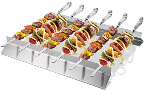AKOLAFE Lot de 6 brochettes de barbecue en acier inoxydable - Robuste - Avec support - 43 x 2,5 x 10 cm - Accessoires de barbecue