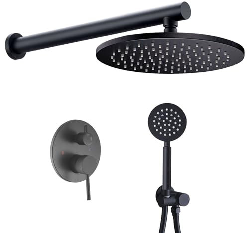 Grifo de ducha redondo de 10 pulgadas, 25 cm, juego de barra de ducha de lluvia, grifo de ducha empotrado, sistema de ducha negro con alcachofa de mano, cabezal de ducha de latón, color negro