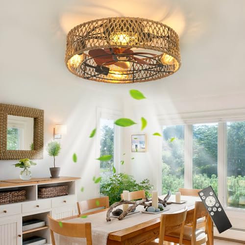 YFouCnd I Ceiling Fans with Lights and Remote Control Vintage Industrial Caged Fan Light Ceiling Reversible 6 Speeds Silent Handwoven Ceiling Fans with Lamps for Bedroom Living Room Farmhouse-B