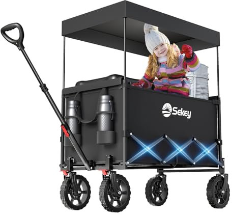Sekey XXL Chariot Enfant 150L 150KG, Modèle Pliable à Toit, Accessoire de Transport avec Pare-Soleil pour Plage et Camping SE4018, Noir