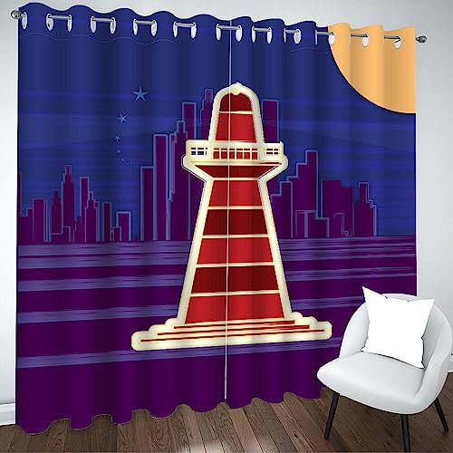 3D Vorhang Blickdicht Lila Leuchtturm-Cartoon 100% Polyesterfaser Wohnkultur Druck Kinder Vorhang Schlafzimmer Wohnzimmer/Uv-Schutz/Schalldämmung