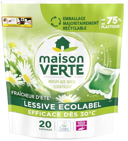 Maison Verte - Lessive Capsule - Parfum Fraîcheur d'Ete - Lessive Détachante - Spécial Peaux Sensibles - Efficace dès 20°C - 5 Enzymes Actives d'Origine Naturelle - Sans Conservateurs - 20 Lavages