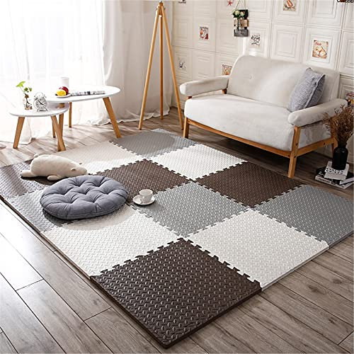 Mehrfarbige Puzzle-Spielmatte, ineinandergreifende Puzzle-Matte aus weichem Schaumstoff, tragbare Puzzle-Krabbel-Bodenmatte, Jede Matte 11,81 x 11,81 x 0,98 Zoll, Weiß + Grau + Kaffee, 16
