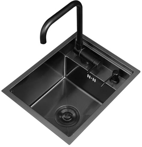 CRBUDY Küchen-Edelstahl-Einzelbeckenspüle mit klappbarer Wasserhahnabdeckung, kleine Bar, unsichtbare Spüle, Wohnmobil-Mini-Handwaschbecken, Spülbecken, Spülbecken (schwarzer Stahl, 35 x