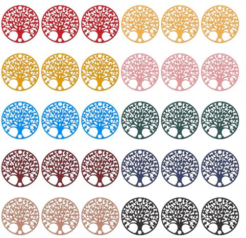 Cheriswelry 100 ciondoli rotondi piatti con albero della vita in acciaio inox 430, ciondoli cavi in filigrana colorata dipinti per gioielli fai da te, braccialetti e collane