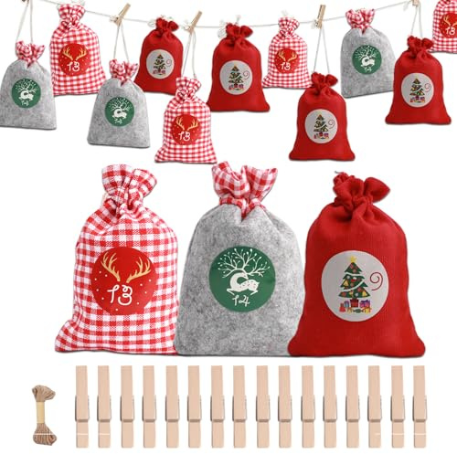 Adventskalender Zum BefüLlen Kinder Aus Leine, EnthäLt 24 Sackerl Zum BefüLlen(10 × 14 CM) Diy Adventskalender Zum BefüLlen (Rot Grau Weiß) 3 EntwüRfe Beutel